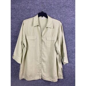 JM Collection Button Front Shirt Women 18W Green Excellent 100% Linen 3/4 Sleeve